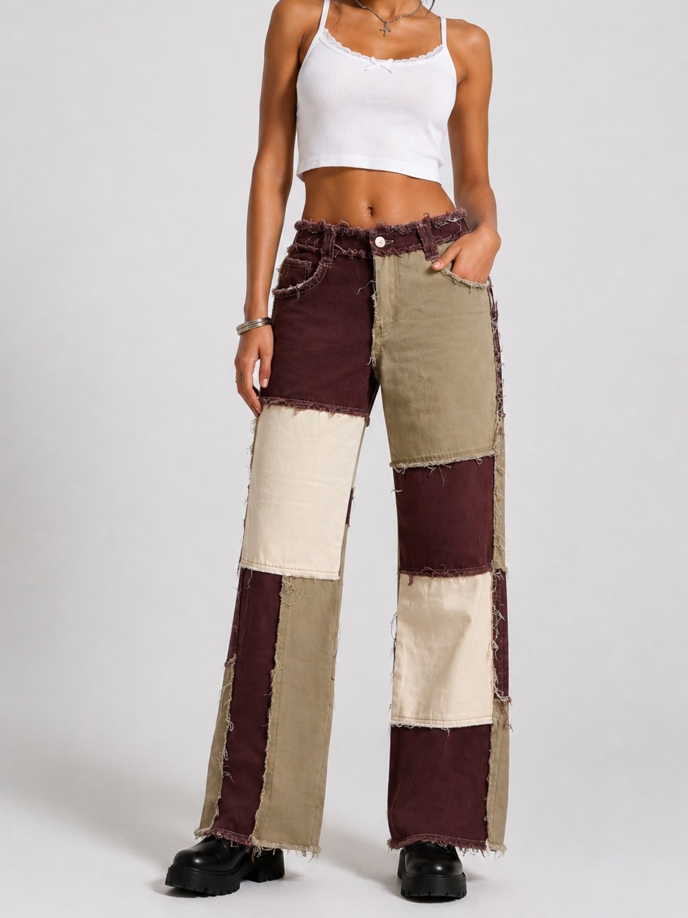 Jaded London Boyfriend Patchwork Denim Jeans Brown Cream Khaki W26 NWT